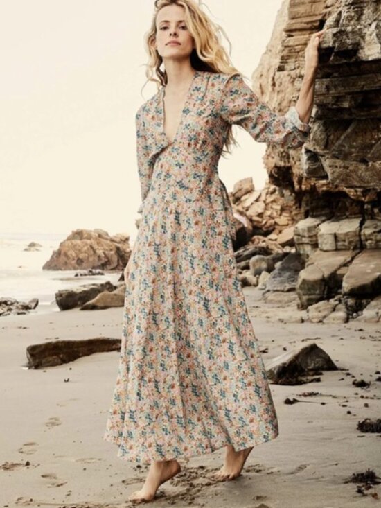 Doen Dresses & Skirts - Doen Floral Maxi Dress in Cream with Blue & Pink Bouquet Print